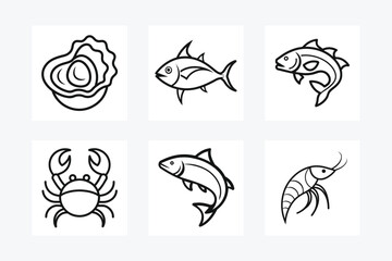 A clean and stylish collection of sea animal line art illustrations featuring fish, crab, shrimp, oyster, and more marine life, perfect for logos, packaging, and branding.