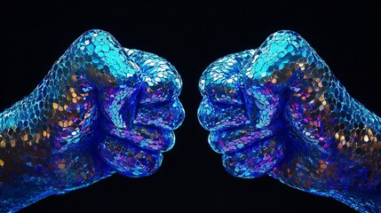 Studio photograph of two fists made from blue iridescent diamonds back of the hand view moody overhead lighting on black background