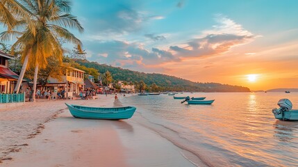 Obraz premium Tropical beach sunset scene with boats and palm trees