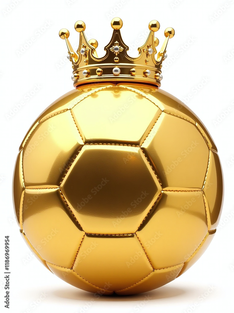 Poster A Golden Soccer Ball Is Isolated On A White Background With A Crown Above It, Also Transparent In Png Format. 00001