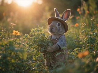 A charming rabbit in a hat harvests in the garden