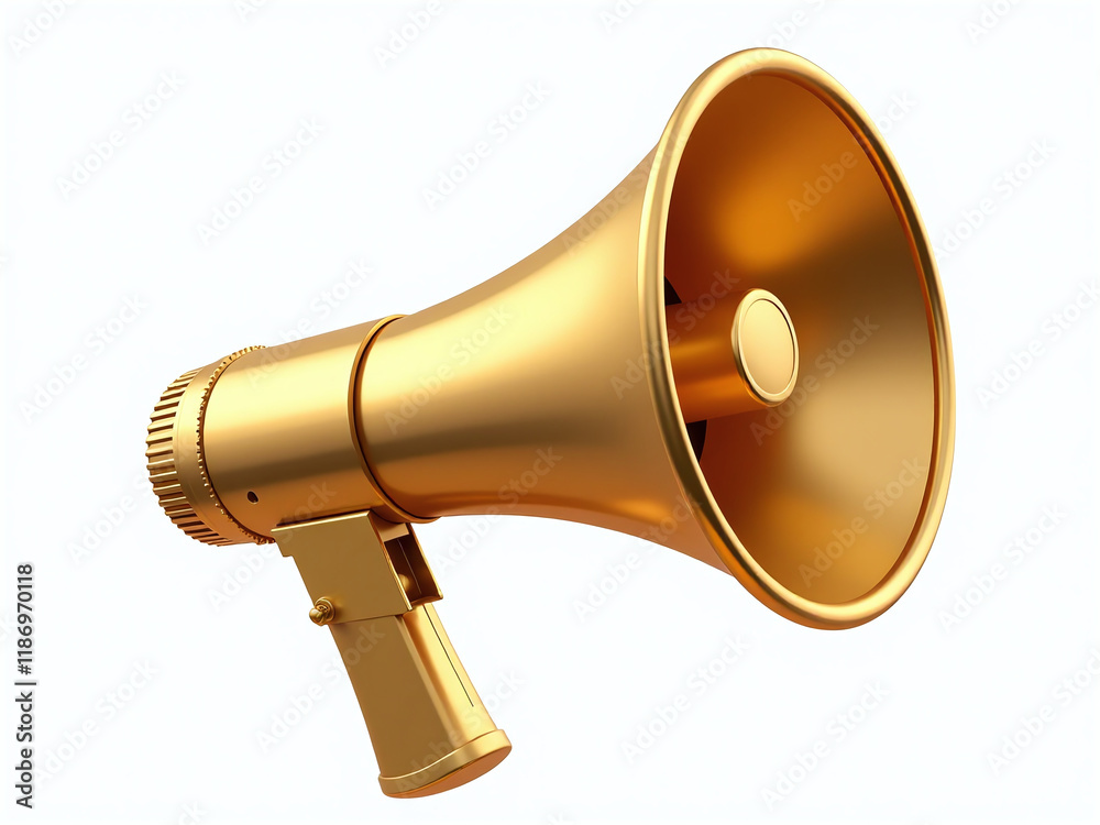Poster a golden megaphone is isolated on a white background with a png transparent overlay for easy design 