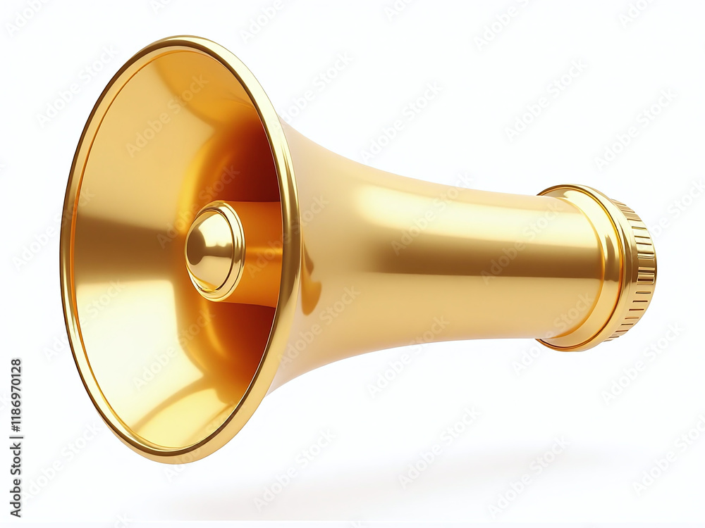 Poster a golden megaphone is isolated on a white background with a png transparent overlay for easy design 