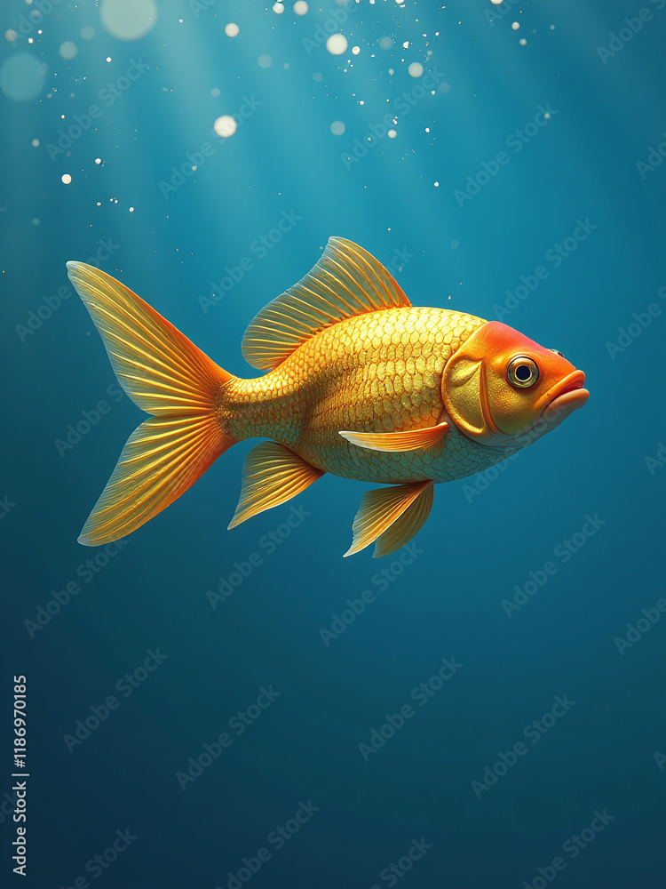 Poster a golden fish swims in a blue background providing ample copy space for creative design concepts. 00