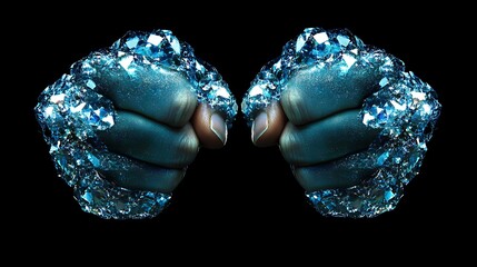 Studio photograph of two fists created from blue iridescent diamonds back of the hand view moody overhead lighting on black background