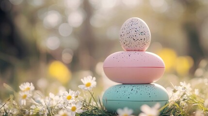 Pastel Easter Eggs Stacked In Spring Flowers