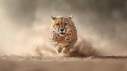 Obraz premium Cheetah in Motion, A Powerful Predator Running Through the Dust