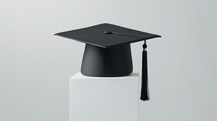 Black Graduation Cap with Tassel on White Cube