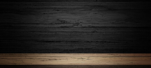 empty beige travertine marble stone table on dark marble wall background, perspective marble floor shelf table,used as a studio background to display products.