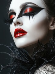 High fashion portrait of a model with dramatic vampire makeup, red lips, and silver background,...