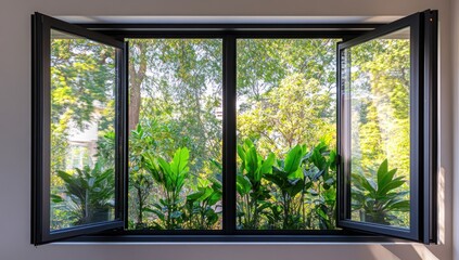 Serene Garden View: Open Window with Lush Tropical Foliage