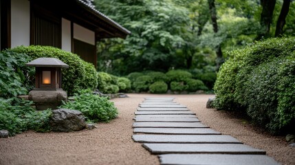 Stone Pathway Leading to Japanese House with Lantern