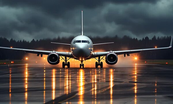 Airplane Taking Off on Rainy Night Runway - Dramatic 4K Footage; Jet Plane departs rapidly in stormy weather, cinematic background video