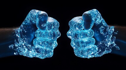 Studio photograph showing two fists built from blue iridescent diamonds back of the hand view moody overhead lighting on black background