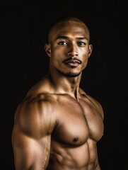 Fototapeta premium Muscular African American male model with toned physique posing against black background, suitable for fitness and advertising concepts.