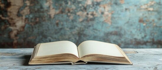 Open book on rustic wooden table against textured blue and brown wall background, ample blank pages for text and catalog design.