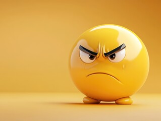 Fototapeta premium Angry yellow emoticon frowning with furrowed brows on a plain yellow background, focused left, large empty space for text and graphic design elements.
