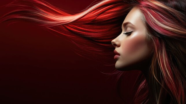 Female hairstylist in salon blowing hair with vibrant red highlights, side profile against a dark background, ample space for text.