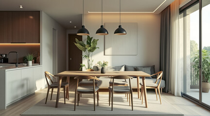sunlit minimalist dining area with a light wood table gray chairs