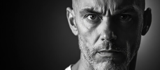 Intense male headshot in black and white, studio lighting, focus on facial expression, with ample copy space for text.
