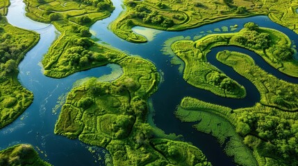 Fototapeta premium Aerial view of a lush, winding river landscape surrounded by greenery and wetlands.