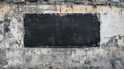 Fototapeta premium Blank Chalkboard on Weathered Wall with Rough Textured Surface and Cracked Paint, Ideal for Message Overlay or Advertisement Copy Space