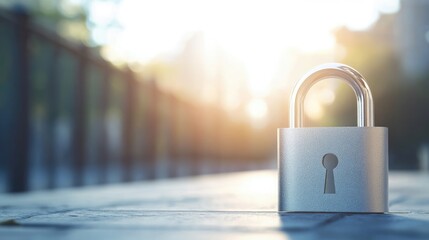 Fototapeta premium Padlock on pavement at sunset, symbolizing security and protection, with ample empty space for text, creating a privacy and password concept.