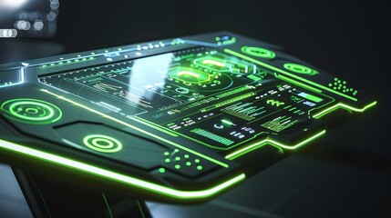 Futuristic and advanced holographic technology interface with dynamic digital lights graphical elements and cyberpunk inspired aesthetic