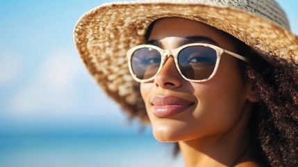Young woman with vitiligo wearing sunglasses and a straw hat, relaxing on the beach under clear blue sky, large empty space for text.