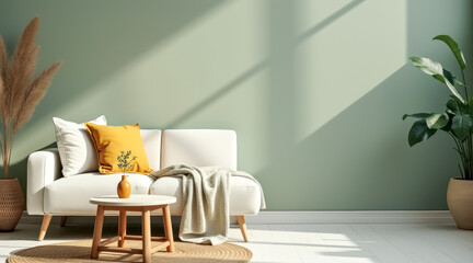white couch with yellow pillow a sunlit room
