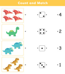 Count and Match Worksheet. Counting educational children game. Math kids activity sheet. How many counting game with cute dino illustration. © G.rena