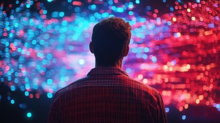 Caucasian Man in Checkered Shirt Observing Animated Digital Data Visualization with Red and Blue Lights Representing Metaverse and Social Media Interactions.