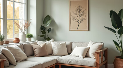Fototapeta premium beige sectional sofa with neutral pillows a sunlit corner