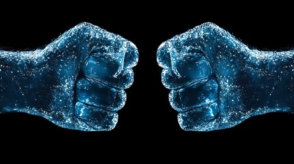 Studio photograph showing two fists constructed from shimmering blue iridescent diamonds back of the hand view moody overhead lighting on black background