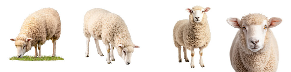 Fototapeta premium Four charming sheep grazing and standing in a natural setting on a white background