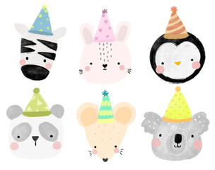 Cute collection set of scandinavian jungle forest animals wearing birthday hat party crayon watercolor illustration png transparent nursery cutout clipart digital planner sticker