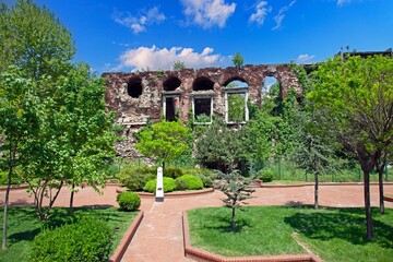 Ruins of the Byzantine walls in Istanbul surrounded by greenery