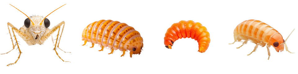 Detailed Close-Up of Various Insect Larvae and Pupae Stages on a White Background