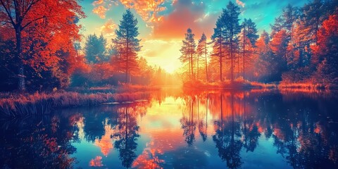Vibrant autumn landscape with colorful trees and serene water reflection during sunset