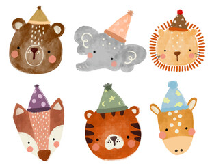 Cute set collections head of scandinavian jungle forest animals wearing birthday hat party crayon watercolor illustration png transparent nursery cutout clipart digital planner sticker