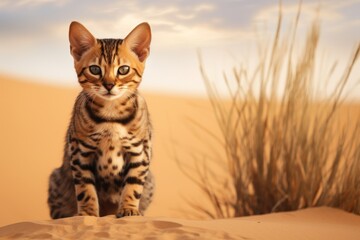 Obraz premium Portrait of a cute bengal cat isolated in serene dune landscape background