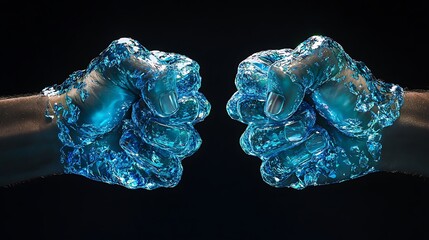 Studio photograph capturing two fists made from shimmering blue iridescent diamonds back of the hand view moody overhead lighting on black background