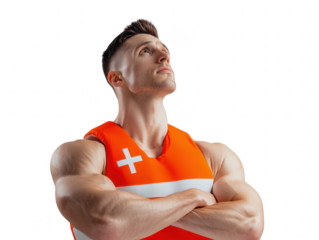 Lifeguard in Orange Vest Looking Up with Confidence at the Beach