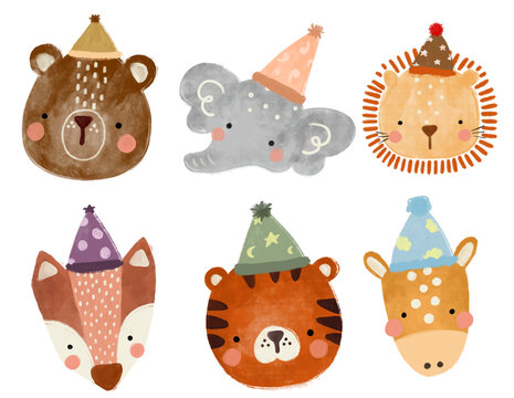 Cute set collections head of scandinavian jungle forest animals wearing birthday hat party crayon watercolor illustration png transparent nursery cutout clipart digital planner sticker