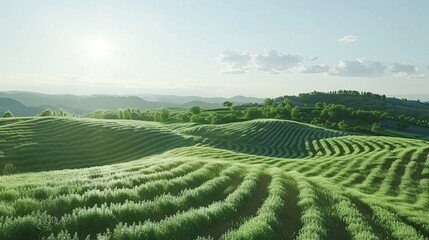 Lush green rolling hills and expansive farmland landscape with mountains in the distance on a sunny day with a cloudy sky  Peaceful and tranquil outdoor rural countryside scene