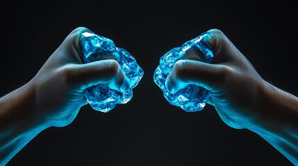 Studio photograph displaying two fists built from blue iridescent diamonds back of the hand view moody overhead lighting on black background
