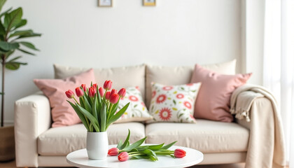 Elegant tulips in vase on white table in cozy living room