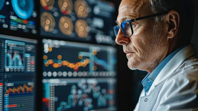Experienced researcher analyzes complex data on multiple screens in a modern laboratory environment