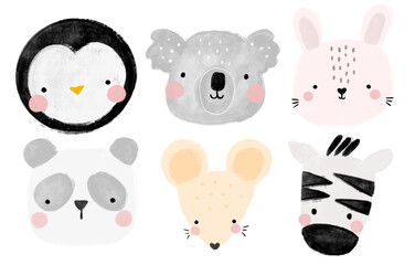 Cute collection set of scandinavian jungle forest animals crayon watercolor illustration png transparent nursery cutout clipart digital planner sticker