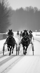 Harness Racing Competition on a Snowy Track Featuring Focused Jockeys